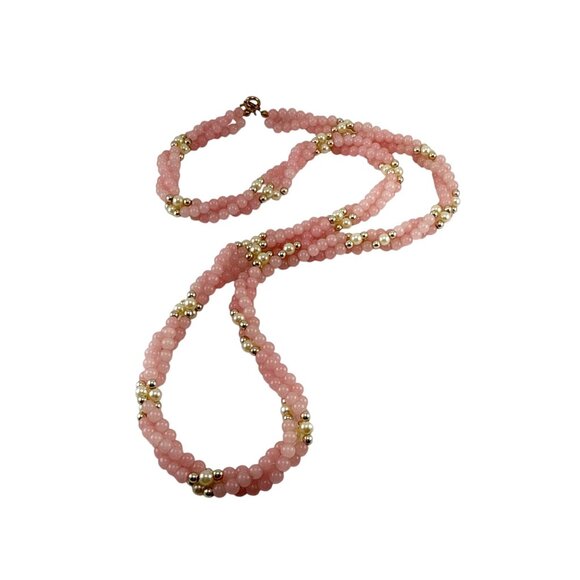 Pink Beaded Twisted Necklace with Gold Tone Accents Handmade Jewelry - Picture 5 of 7
